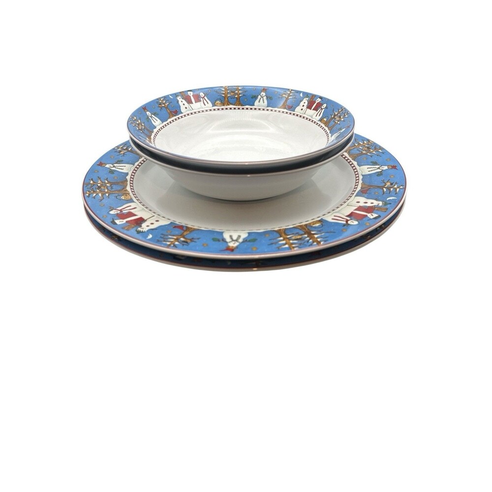 Debbie Mumm  Sakura Chiristmas Snowman Dinner Plates And Soup Bowl | 2 Of Each |